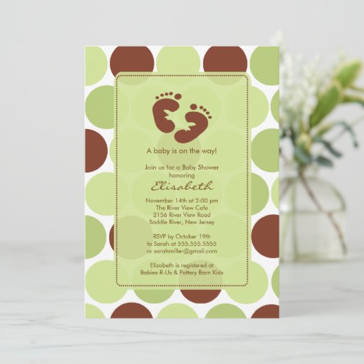 フットプリントベビーシャワー招待状緑水玉模様 招待状 (スタンド正面)