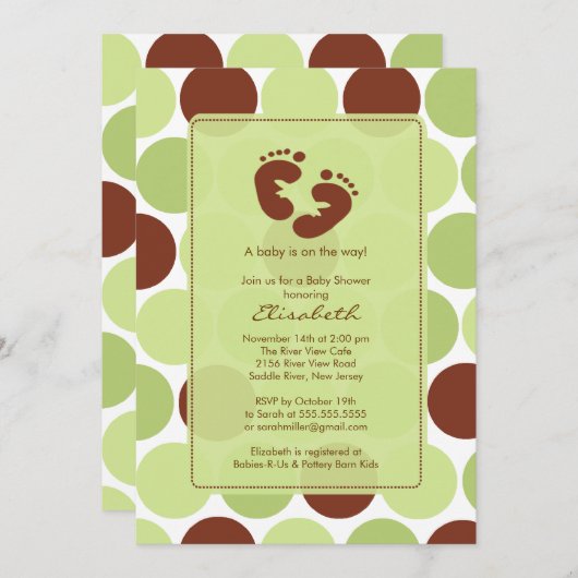 フットプリントベビーシャワー招待状緑水玉模様 招待状 (正面/裏面)