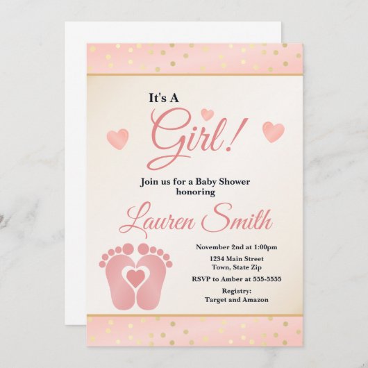 フットプリント赤ちゃんシャワー招待状女の子、ベビー足指 招待状 (正面/裏面)