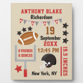 フットボパーソナライズされたール男の赤ちゃん誕生統計レコード フォトプラーク (正面)