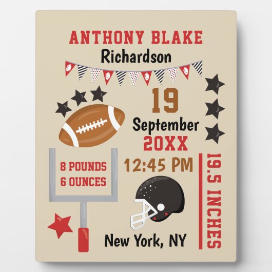 フットボパーソナライズされたール男の赤ちゃん誕生統計レコード フォトプラーク (正面)