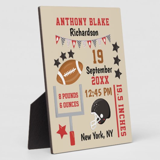 フットボパーソナライズされたール男の赤ちゃん誕生統計レコード フォトプラーク (側面)