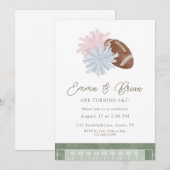 フットボールとチアリーディングの兄弟・姉妹の合同誕生日 招待状 (正面/裏面)