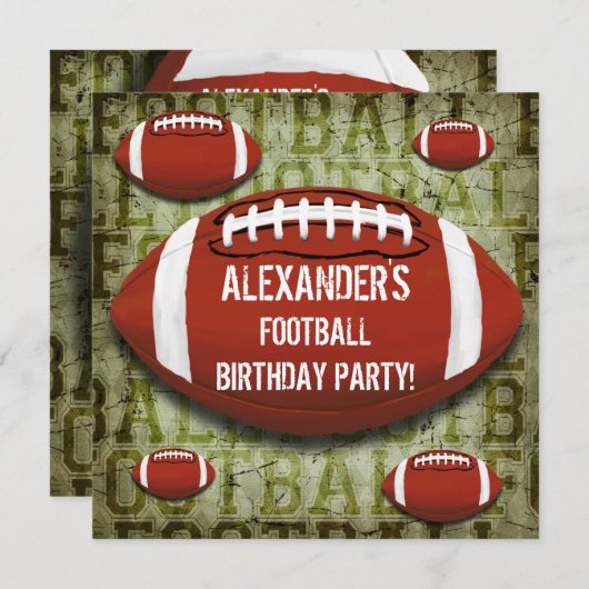 フットボールのグランジな第6誕生会のヴィンテージの緑 招待状 (正面/裏面)