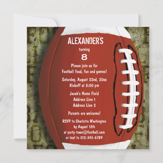 フットボールのグランジな第8誕生会のヴィンテージの緑 招待状 (裏面)