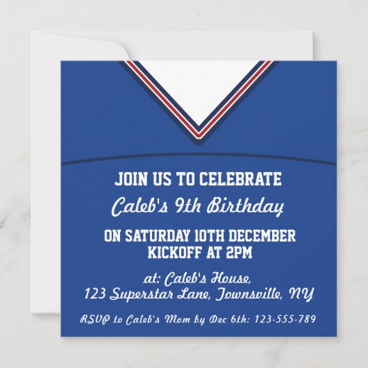 フットボールのジャージーのテーマのパーティーの招待のテンプレート、LAX 招待状 (正面)