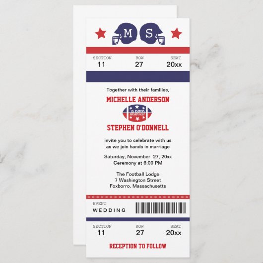 フットボールのチケットの結婚式招待状 招待状 (正面/裏面)