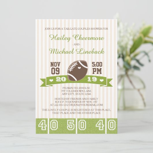 フットボールのテールゲートはウェディングシャワーをつなぎます 招待状 (スタンド正面)