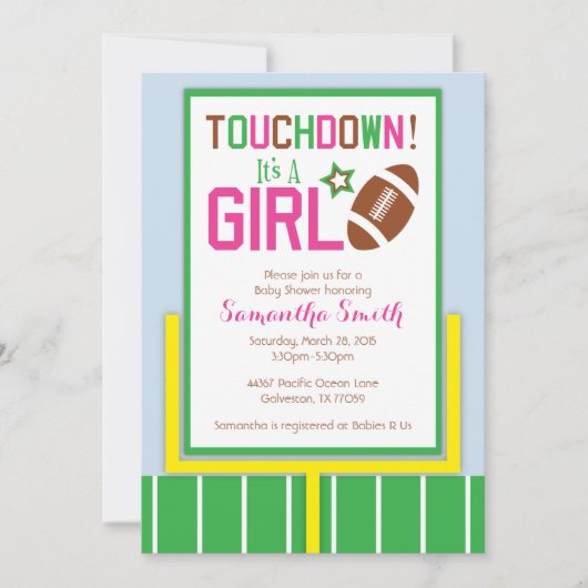 フットボールのベビーシャワー招待状それは女の子です! 招待状 (正面)