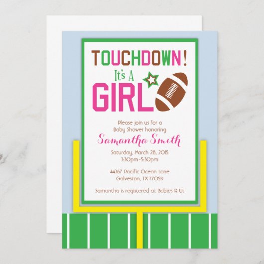 フットボールのベビーシャワー招待状それは女の子です! 招待状 (正面/裏面)