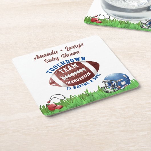 フットボールのベビーシャワー スクエアペーパーコースター (アングル)