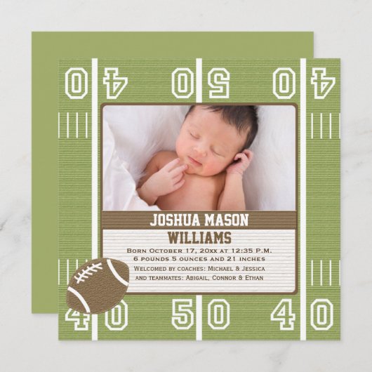 フットボールの写真の誕生の発表カード 案内状 (正面/裏面)