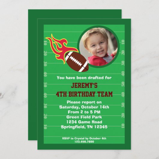 フットボールの写真の誕生日のパーティの招待状 招待状 (正面/裏面)