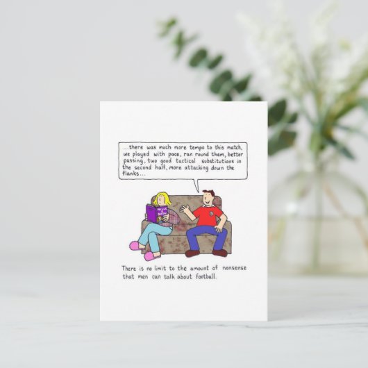 フットボールの漫画のユーモアについて語る男性 ポストカード (スタンド正面)