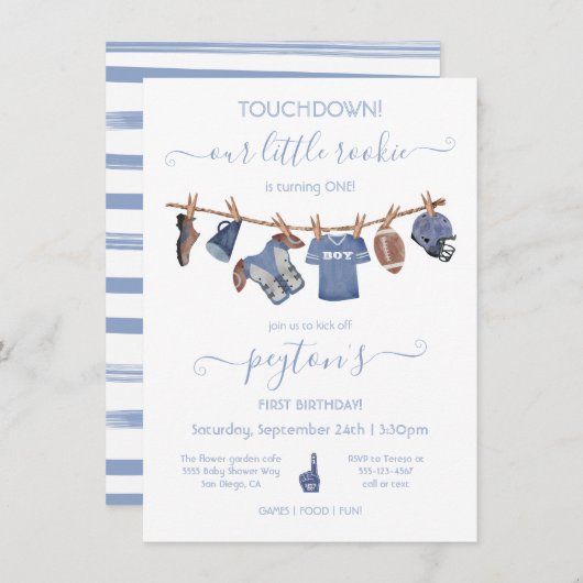 フットボールの物干し誕生日パーティー 招待状 (正面/裏面)