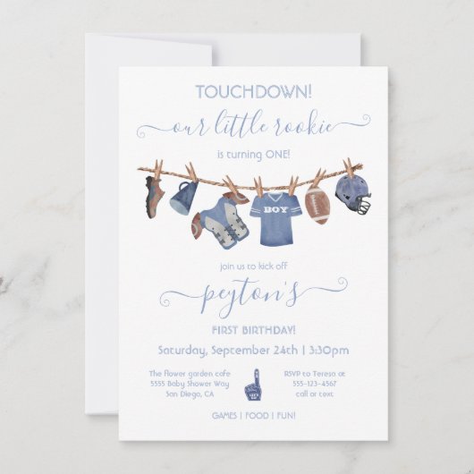 フットボールの物干し誕生日パーティー 招待状 (正面)