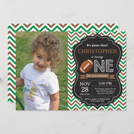 フットボールの誕生日の招待状の第1誕生会 招待状 (正面/裏面)