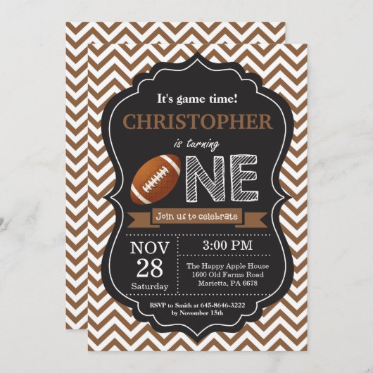 フットボールの誕生日の招待状の第1誕生会 招待状 (正面/裏面)