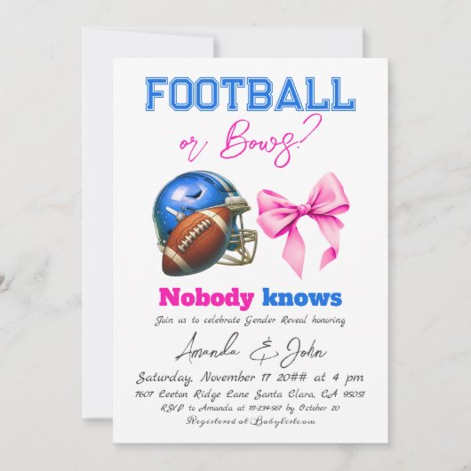 フットボールまたはボーズブルーまたはピンクジェンダーの表示 招待状 (正面)