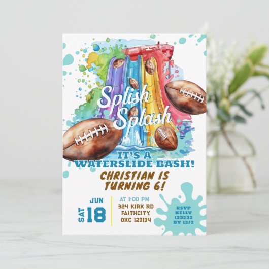 フットボールウォータースライドプールパーティー誕生日招待状 招待状 (スタンド正面)