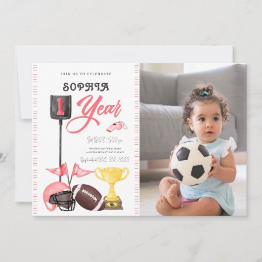 フットボールガールファースト誕生日招待状カードフォト 招待状 (正面)