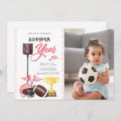 フットボールガールファースト誕生日招待状カードフォト 招待状 (正面/裏面)