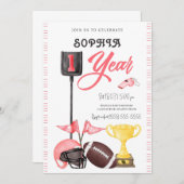 フットボールガールファースト誕生日招待状カード 招待状 (正面/裏面)