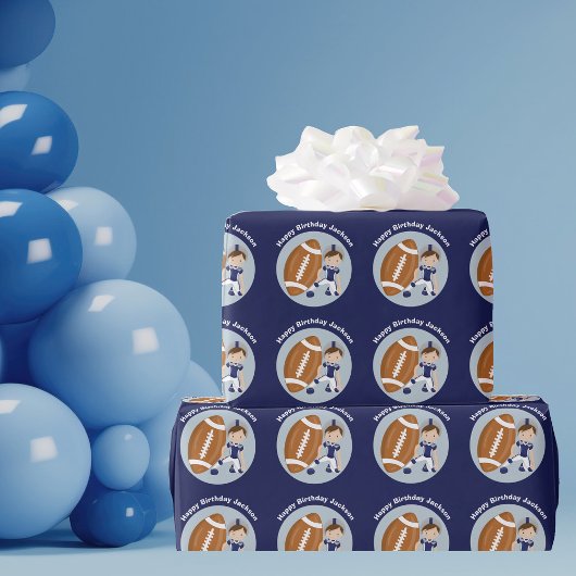 フットボールキッパーソナライズされたドボーイブルーハッピーバースデー ラッピングペーパー