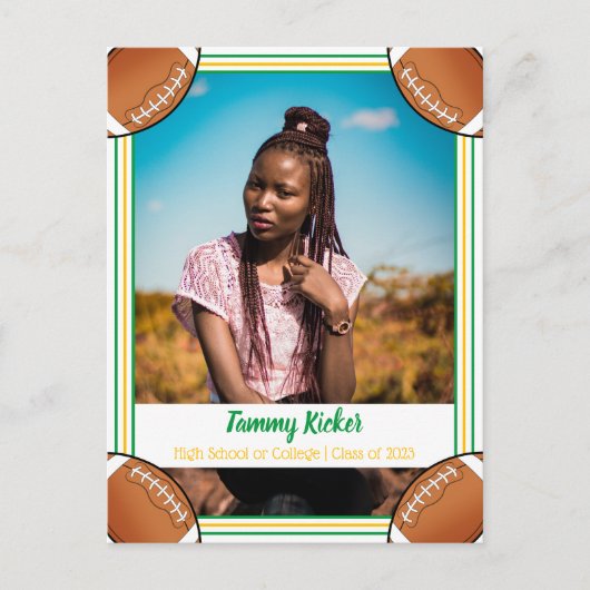 フットボールグリーン&金ゴールド卒業 案内ポストカード (正面)