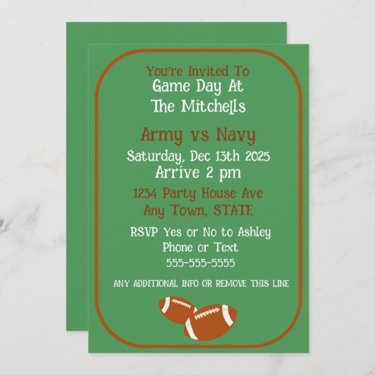 フットボールゲーム観戦パーティー 招待状 (正面/裏面)