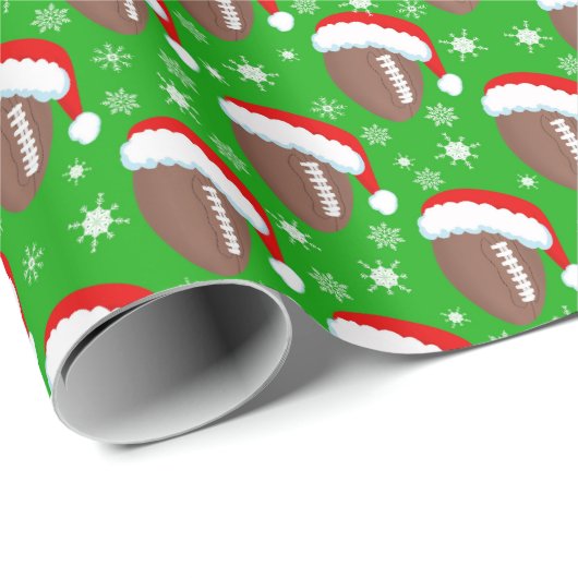 フットボールサンタズハット&スノーフレークスグリーン ラッピングペーパー (ロールコーナー)