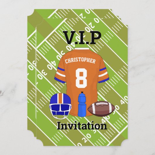 フットボールジャージーとピッチバースデーパーティードオレンジ 招待状 (正面/裏面)