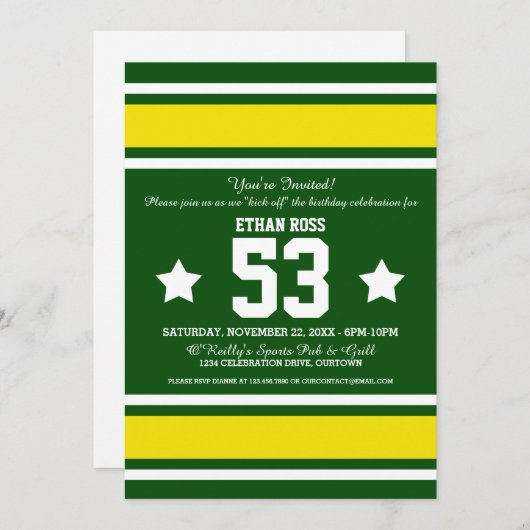 フットボールジャージーグリーン|イエローパーティの招待状 招待状 (正面/裏面)