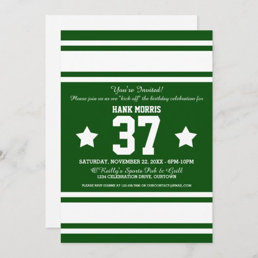 フットボールジャージーグリーン|ホワイトパーティの招待状 招待状 (正面/裏面)