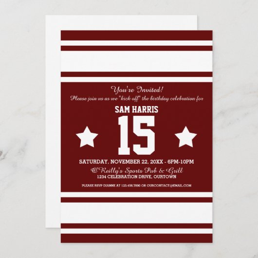 フットボールジャージーバーガンディ|ホワイトパーティの招待状 招待状 (正面/裏面)