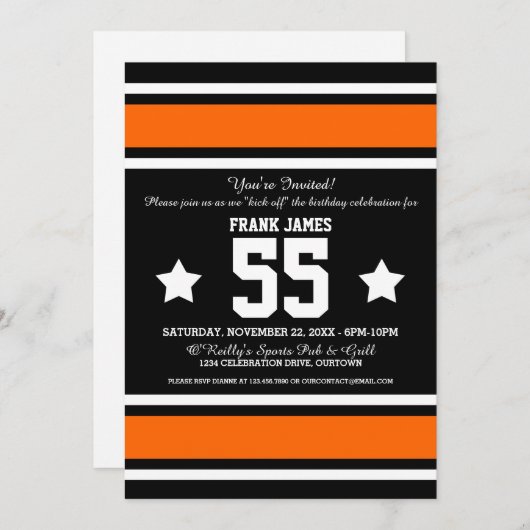 フットボールジャージーブラック|オレンジパーティの招待状 招待状 (正面/裏面)