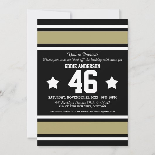 フットボールジャージーブラック|金ゴールドパーティの招待状 招待状 (正面)