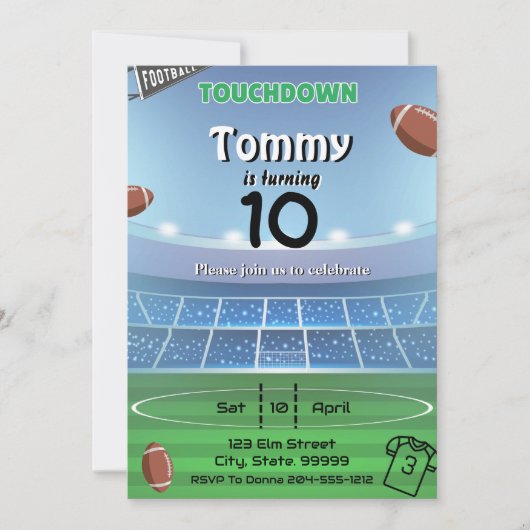 フットボールタッチダウン誕生日招待状 招待状 (正面)