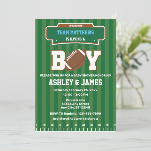 フットボールチームの男の子ベビーシャワー 招待状 (スタンド正面)