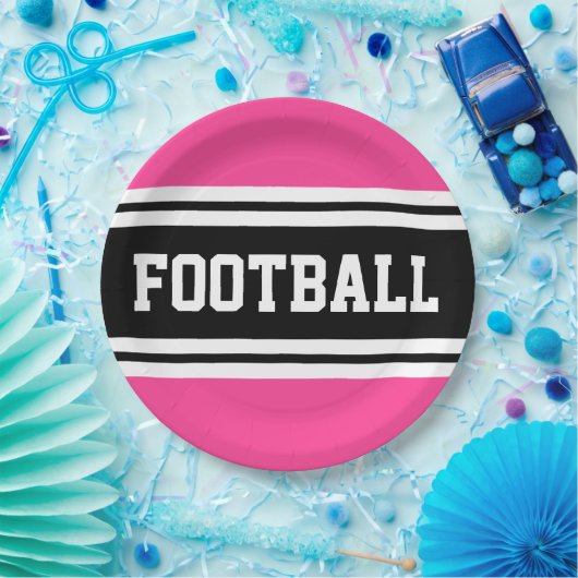 フットボールブライトピンク白黒レースストライプ ペーパープレート (パーティー)