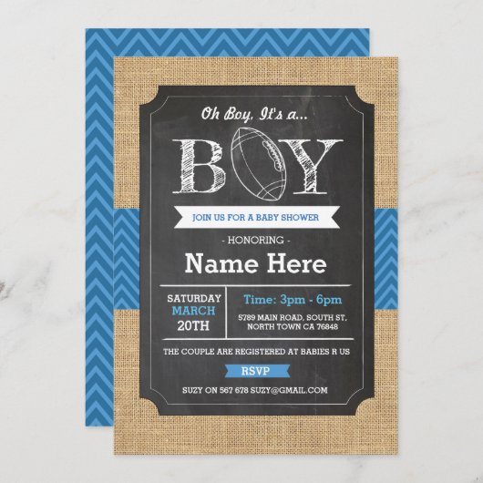 フットボールブルーボーイベビーシャワーラグビー招待状 招待状 (正面/裏面)