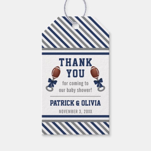 フットボールベビーシャワーメッセージカード，ブルー，グレー ギフトタグ (正面)