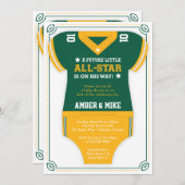 フットボールベビーシャワー招待状，グリーン，金ゴールド 招待状 (正面/裏面)