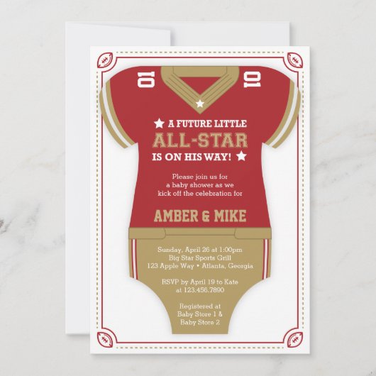フットボールベビーシャワー招待状,緋色,金ゴールド 招待状 (正面)