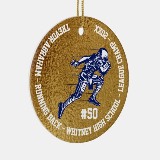 フットボール選手のモノグラムのチーム学校ののどの金ゴールド セラミックオーナメント (右)
