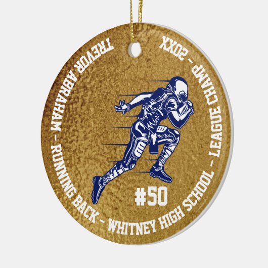 フットボール選手のモノグラムのチーム学校ののどの金ゴールド セラミックオーナメント (左)