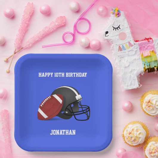 フットボール・アンド・ヘルメット・カスタム・ブルー誕生日 ペーパープレート (パーティー)