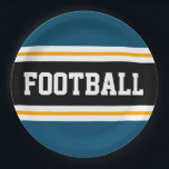 フットボール オーシャン ティール ブラック ホワイト イエロー ストライプ ペーパープレート<br><div class="desc">このスポーティーでアスレチックなデザインは、オーシャン ティール ブルーの外側のストライプに隣接するワイド ブラック センターの水平ストライプ内に大胆なフットボール テキストを特徴とし、ホワイトとゴールデン イエローのレーシング ストライプが追加されています。  テキストはパーソナライズできます。</div>