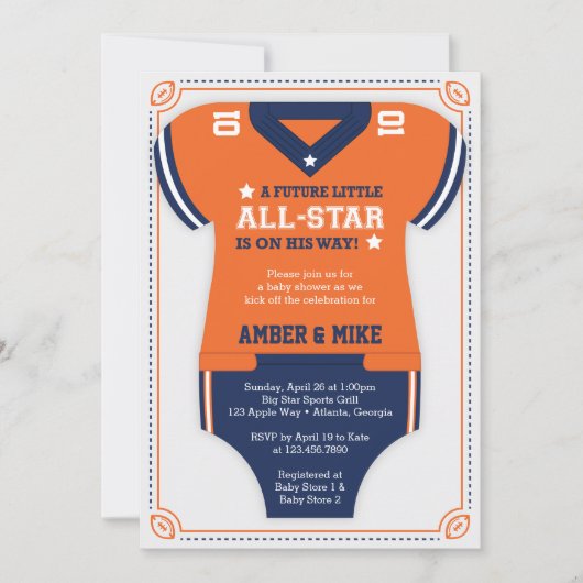 フットボール ベイビー シャワーの招待状、オレンジ、ブルー 招待状 (正面)