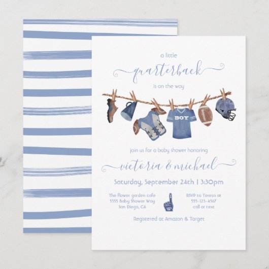 フットボール　服飾ラインのベビーシャワー 招待状 (正面/裏面)